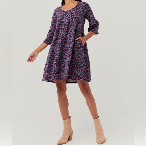 Pact Organic Cotton Leopard Empire Waist Pocketed 3/4 Sleeve Knit Mini Dress S - Picture 1 of 12